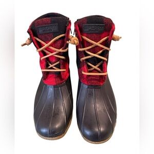 Sperry Shoes Duck Boots Syren Buffalo plaid Wool Blend Red Black size 9